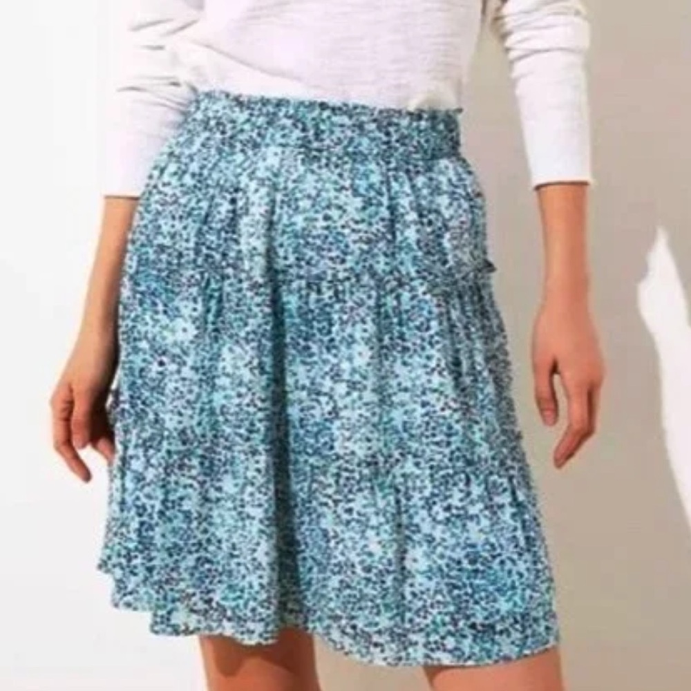 LOFT Women Plus 16 Blue Floral Wildflower Boho Pull-On Tiered Flippy Mini Skirt